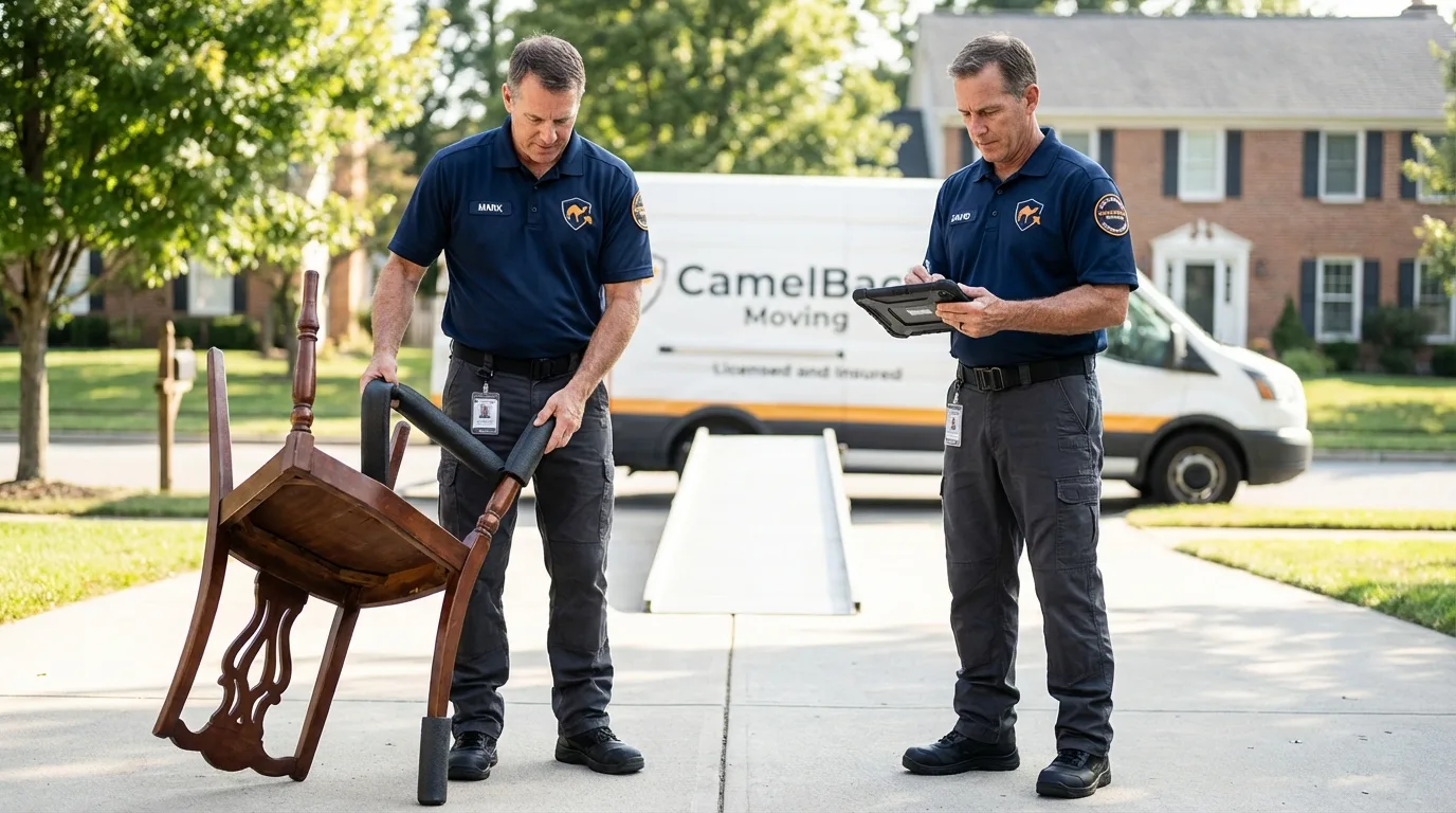 Movers inspecting furniture for damage prevention before loading in Lewes, DE