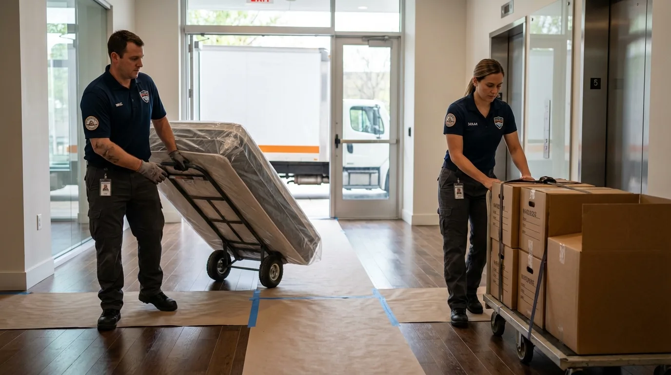 Professional apartment movers loading elevator in Lewes, DE